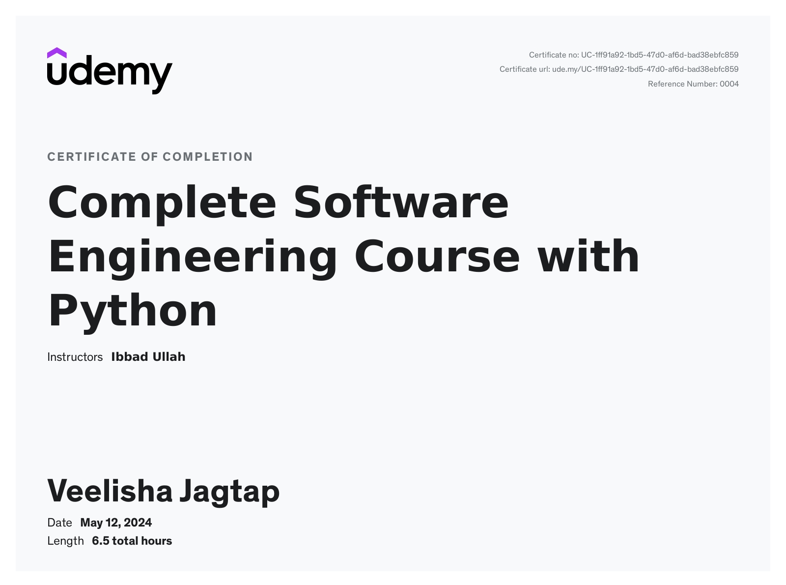 Software engineering with python certificate